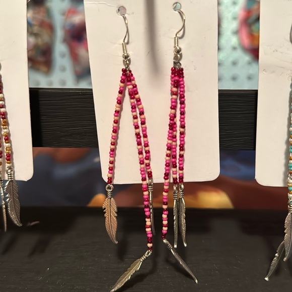 Beaded Feather Earrings - Pink and Turquoise - Picture 3 of 5